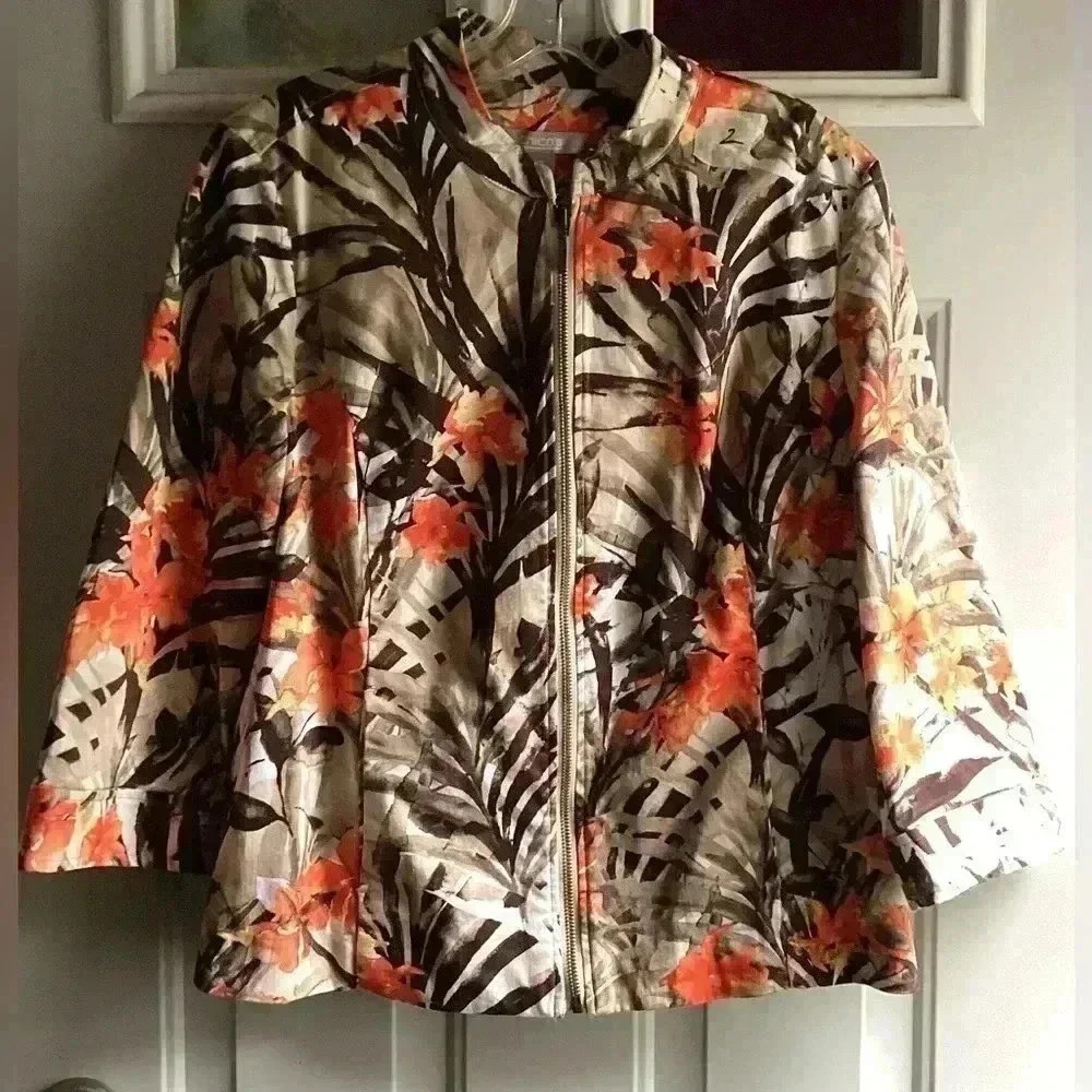 Chico's Size 2 Floral Full Zip Coat Orange
Brown Jacket Size Med/12 Pockets